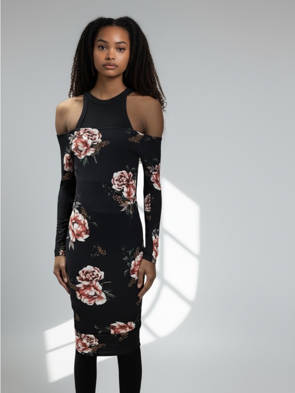 Black Floral Off-Shoulder Bodycon Dress